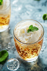 Wall Mural - cream soda topped with whipped foam and fresh mint leaves, served in clear glass. refreshing drink i