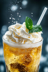 Wall Mural - refreshing cream soda topped with whipped foam and mint leaf, creating delightful beverage experienc