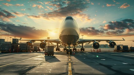 Wall Mural - A cargo airplane stands ready on the runway at sunset, surrounded by various loading and unloading equipment preparing for its next flight. Generative AI