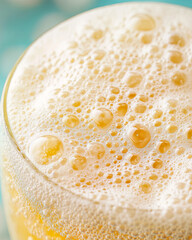 Wall Mural - refreshing cream soda with bright foam bubbles creates delightful visual experience. golden liquid a