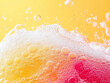 © CreativePulse - Refreshing cream soda with foam bubbles against vibrant yellow background, capturing essence of fizzy drink. lively colors and textures evoke sense of joy and thirst quenching delight