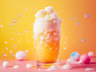 Wall Mural - refreshing cream soda with foam in glass, surrounded by colorful bubbles and playful spheres, create