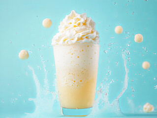 Wall Mural - refreshing cream soda with foam splashing against vibrant blue background, creating lively and invit