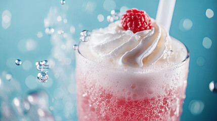 Wall Mural - sparkling soda topped with whipped foam and raspberry, creating refreshing and vibrant drink. bubble
