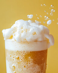 Wall Mural - refreshing cream soda with frothy foam and bubbles, set against bright yellow background, evokes sen