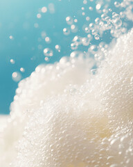 Wall Mural - Bubbles rise in frothy, creamy texture against soft blue background, creating refreshing and bright atmosphere. image captures essence of lightness and joy