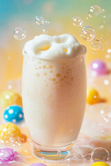 Wall Mural - sparkling cream soda with foam in glass, surrounded by colorful bubbles and festive decorations, evo
