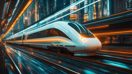 In the evening, a high-speed train travels between high-rise buildings in the city