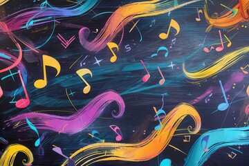 Poster - The chalkboard displays an engaging swirl of colorful brushstrokes intertwined with musical notes, inspiring creativity in students. Generative AI