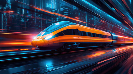 In the evening, a high-speed train travels between high-rise buildings in the city