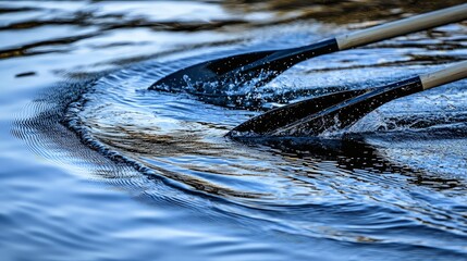 Close-up of two oars dipping into a lake, creating ripples in the water.