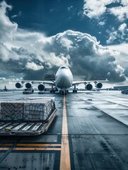 Aufkleber - A large cargo airplane is parked on the runway while loading and unloading equipment operates around it under overcast skies. Generative AI