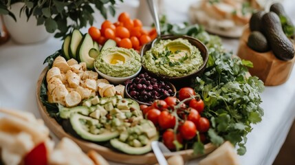 A beautifully arranged avocado platter with different dips, such as guacamole and avocado hummus, on a bright white tablecloth