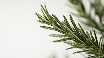 A close-up of rosemary leaves, highlighting their unique texture and fragrance, set against a clean white canvas for an elegant presentation