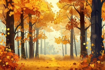 Poster - Golden leaves blanket the forest floor while trees stand tall, creating a tranquil atmosphere perfect for a peaceful walk on an autumn day. Generative AI