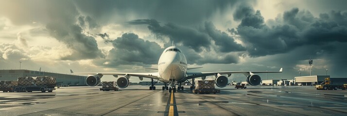 Aufkleber - A cargo airplane stands on the runway, surrounded by loading equipment as it prepares for its next flight under cloudy weather. Generative AI