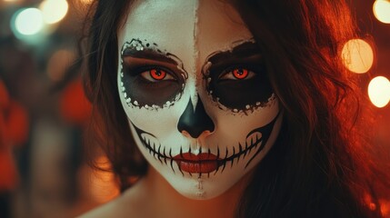 Woman with Creative Sugar Skull Makeup and Fiery Eyes