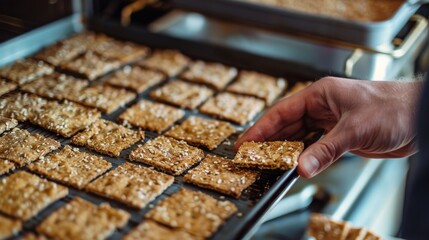 Wall Mural - A man handting buckwheat crackers into perfect squares before baking them in the oven.