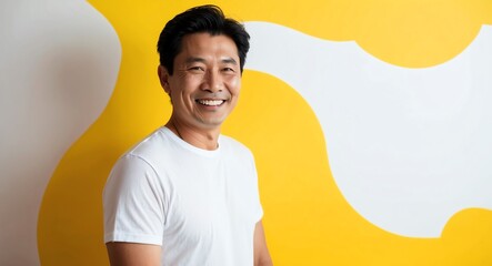 east asian mature guy yellow background wearing plain white tshirt smiling happy portrait