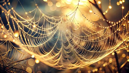 A shimmering web of delicate threads, adorned with glistening droplets, catches the warm glow of the morning light.