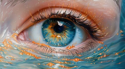 Canvas Print - Close-Up of a Blue Eye with Water and Golden Sparkle