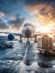 Aufkleber - A cargo airplane is ready for takeoff at sunset, with equipment and crates nearby for loading and unloading operations. Generative AI