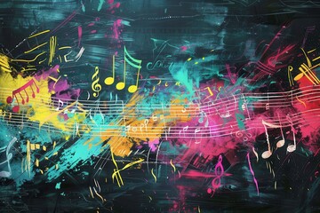 Poster - Vivid chalkboard art displays colorful brushstrokes alongside musical notes, creating an engaging and expressive atmosphere of creativity. Generative AI