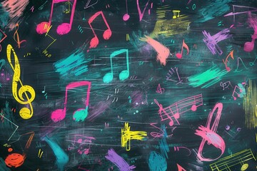 Fototapete - Colorful brushstrokes intertwine with musical notes on a chalkboard, showcasing creativity and the joy of expressing music visually. Generative AI