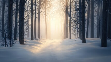 Poster - Serene winter forest path illuminated by soft sunlight