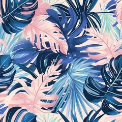 Poster - A striking design showcases an array of tropical leaves in varying shades of blue and pink, offering a fresh and vibrant aesthetic. Generative AI