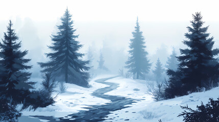 An isolated forest of pine trees surrounded by a fog-covered path during the winter. Crystalized Forest. Illustration