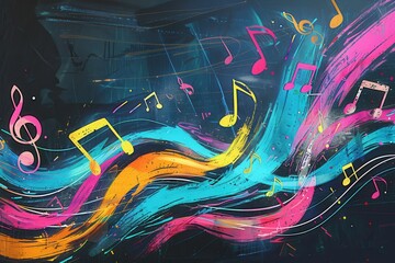 Leinwandbilder - A vibrant chalkboard displays colorful brushstrokes intermingled with musical notes, showcasing artistic expression and creativity. Generative AI