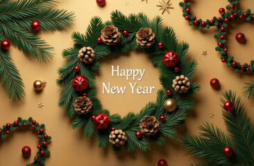 New Year Wreath with Happy New Year Lettering on Yellow Background