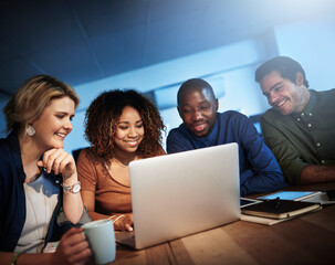 Office, smile and business people with meeting by laptop for server, testing and launch plan. IT developer, discussion and programming with tech at night for backend development, debugging or support