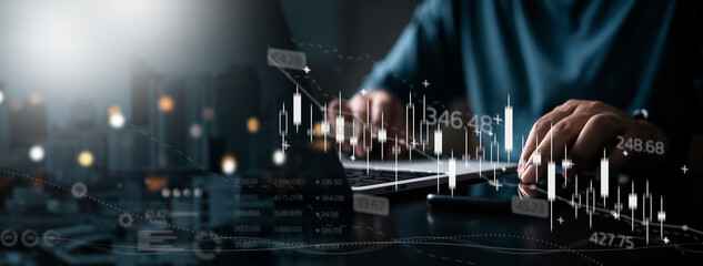 Wall Mural - A person analyzes digital financial data and stock trends on a laptop screen.