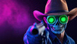 © Pui - Western Cowboy Themes Create Halloween scenes set in the Wild West, A vibrant skeleton cowboy brandishing a gun with glowing green goggles, set against a smoky purple background.