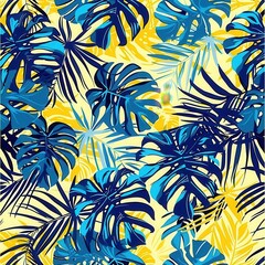 Poster - This design showcases a lively mix of blue and yellow tropical leaves, perfect for adding a fresh look to summer events and decor. Generative AI