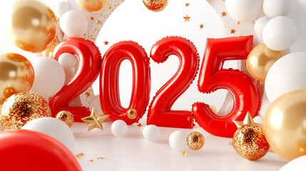 Happy new year 2025 number red and gold balloons arch party white wallpaper, 3D modern fashion shimmering glossy fashion background banner template