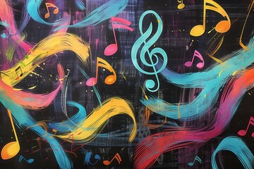 Fototapete - Colorful brushstrokes intertwine with musical notes on a chalkboard, creating a lively and artistic display of creativity. Generative AI
