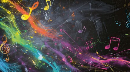 Leinwandbilder - A chalkboard showcases a dynamic display of colorful brushstrokes mixed with musical notes, reflecting creativity and passion for music. Generative AI