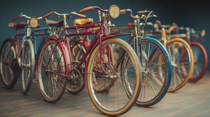 A row of vintage bicycles are lined up, with one of them being a red. Generative AI