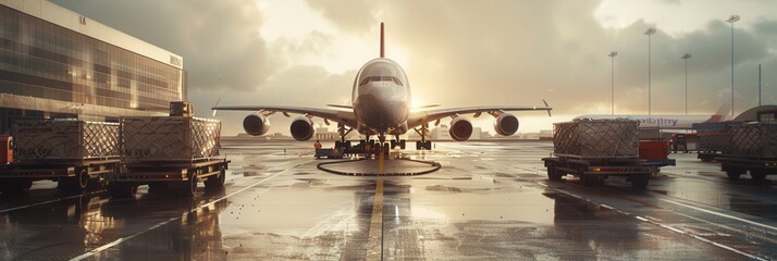 Aufkleber - A cargo airplane parks on a wet runway while loading and unloading equipment around it during a beautiful sunset. Generative AI