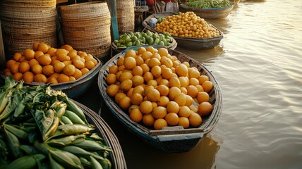 A vibrant scene of fruit-laden boats at a market, showcasing fresh produce reflected in calm water.