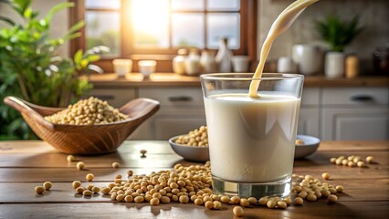 A glass of soy milk being poured in a kitchen setting, surrounded by soybeans, creating a fresh and healthy plant-based drink.