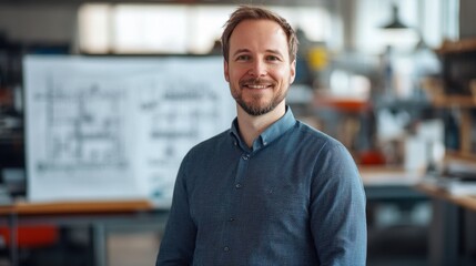 A smiling European male engineer stands confidently in a professional setting, showcasing a friendly demeanor in an innovative workspace filled with design elements.