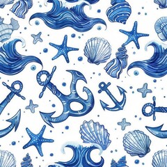 Poster - This design showcases a vibrant nautical theme with anchors, shells, and waves, perfect for coastal decor or summer textiles. Generative AI