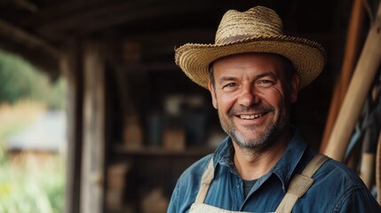 A portrait of a middle-aged male farmer in a rustic setting. He wears a straw hat and smiles warmly, embodying the charm of countryside life and agriculture.