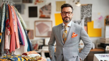 A stylish European male fashion designer stands confidently in his studio, surrounded by vibrant textiles and artistic elements, showcasing his unique flair and creativity.