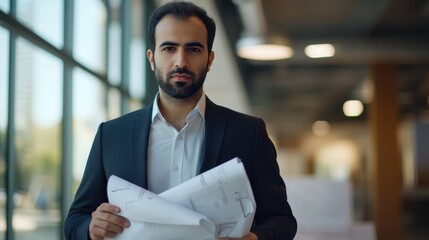 A young Middle Eastern male architect stands confidently in an office, holding architectural plans. His professional demeanor showcases creativity and dedication in design.