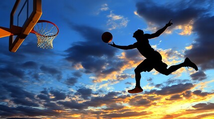 Wall Mural - A silhouette of a basketball player leaping towards a hoop against a sunset backdrop.